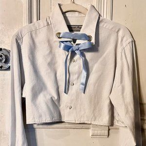 Upcycled dress shirt with tiny blue polka dots and ribbon bow